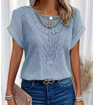 Women's Short Sleeve Crochet Lace Blouse - Image 4