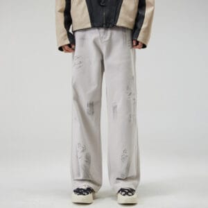Graffiti Baggy Jeans Men – Bold Hand Print Loose Straight Leg Gray Denim Pants 100% Cotton for Teens