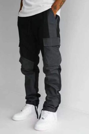 Men's Techwear Cargo Pants - Contrast Panel Multi Pocket Streetwear - Straight Leg Tactical Trousers - Urban Utility Black & Grey Joggers