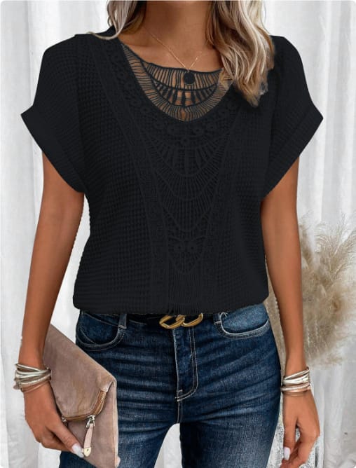 Women's Short Sleeve Crochet Lace Blouse - Image 7