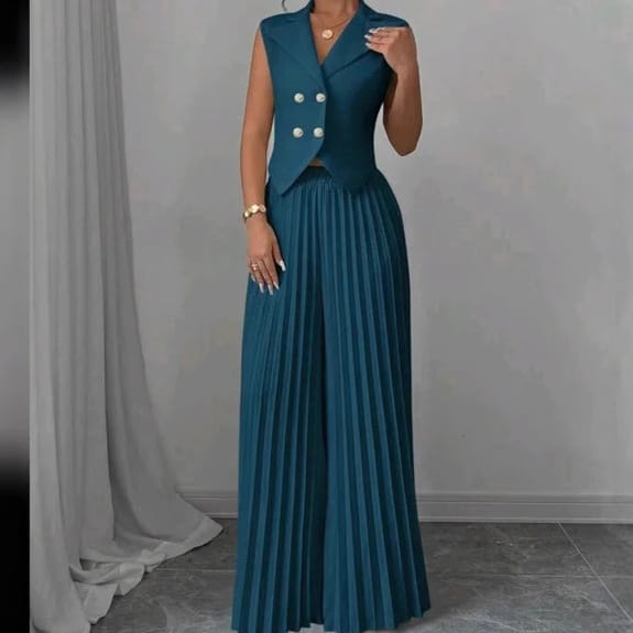 Stylish Women's Sleeveless Blazer & Wide-Leg Pleated Pants Set - Image 8