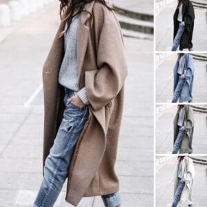 Casual Women's Long Jacket – Single Breasted Woolen Coat with Pockets, Solid Color, Warm Winter Clothing in 9 Colors