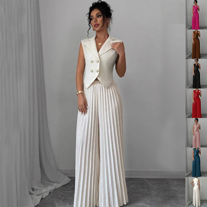 Stylish Women's Sleeveless Blazer & Wide-Leg Pleated Pants Set