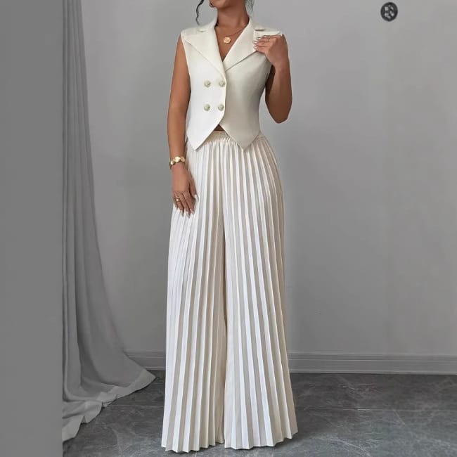 Stylish Women's Sleeveless Blazer & Wide-Leg Pleated Pants Set - Image 6
