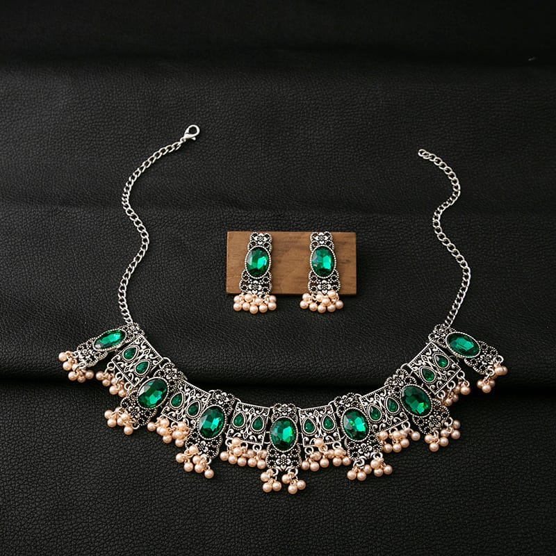 Vintage Emerald Earrings Ethnic Style Square Tassel Bead Pendant Jewelry Suit - Image 6