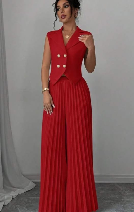 Stylish Women's Sleeveless Blazer & Wide-Leg Pleated Pants Set - Image 7