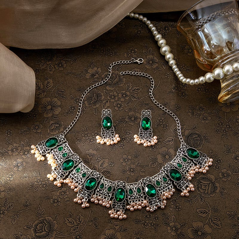 Vintage Emerald Earrings Ethnic Style Square Tassel Bead Pendant Jewelry Suit - Image 3