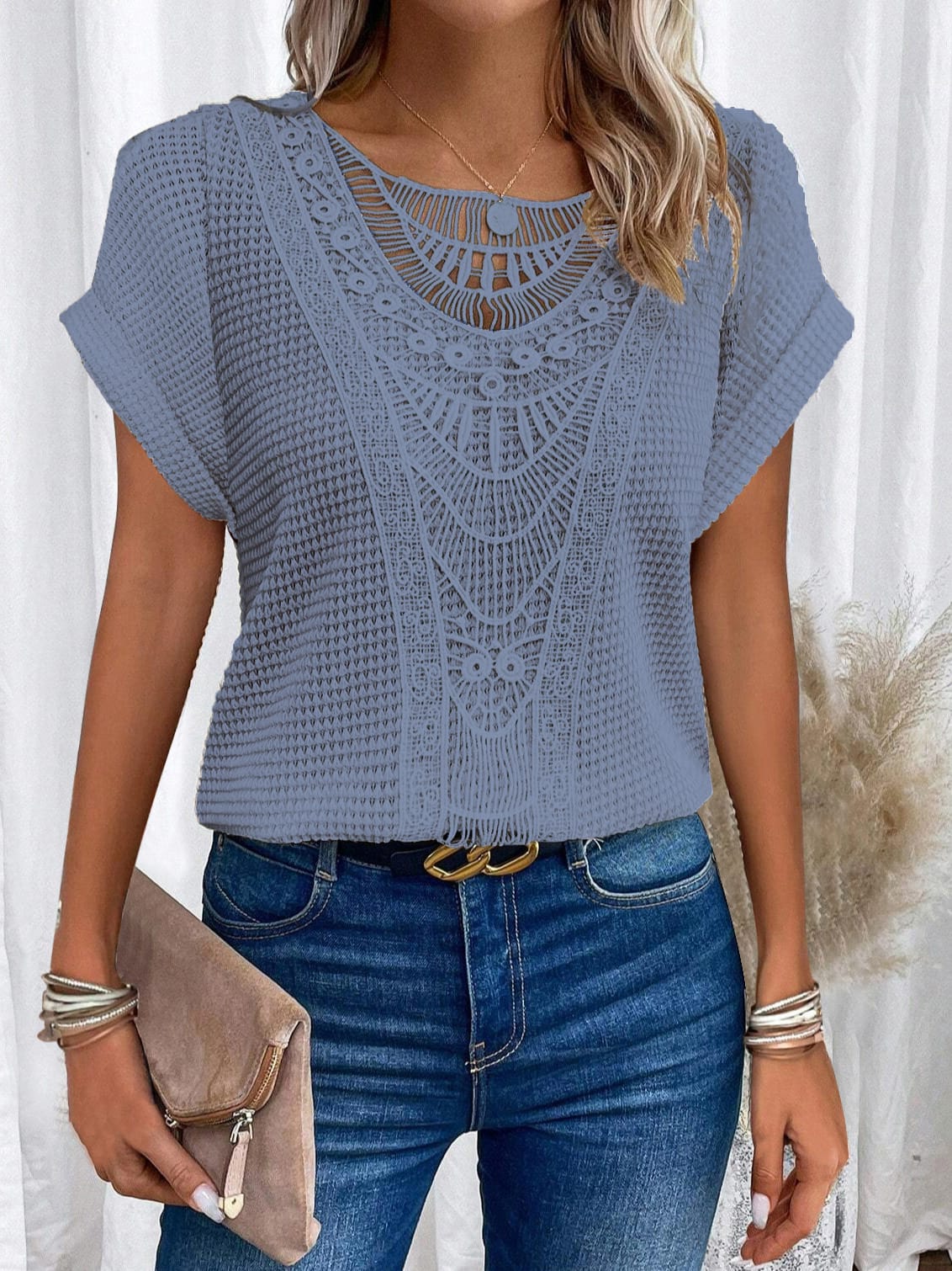 Women's Short Sleeve Crochet Lace Blouse - Image 8