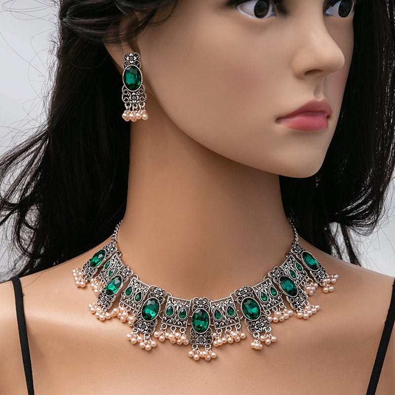 Vintage Emerald Earrings Ethnic Style Square Tassel Bead Pendant Jewelry Suit - Image 2