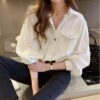 Women's Button-Up Blouse with Puff Sleeves, Front Pocket & Long Sleeves