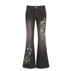 Flower Embroidered Jeans Womens
