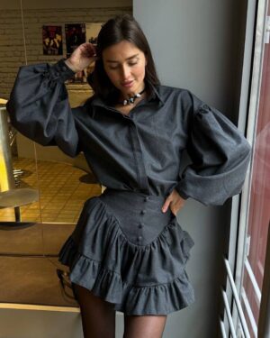 Women's Puff Sleeve Blouse & Ruffle Mini Skirt Set