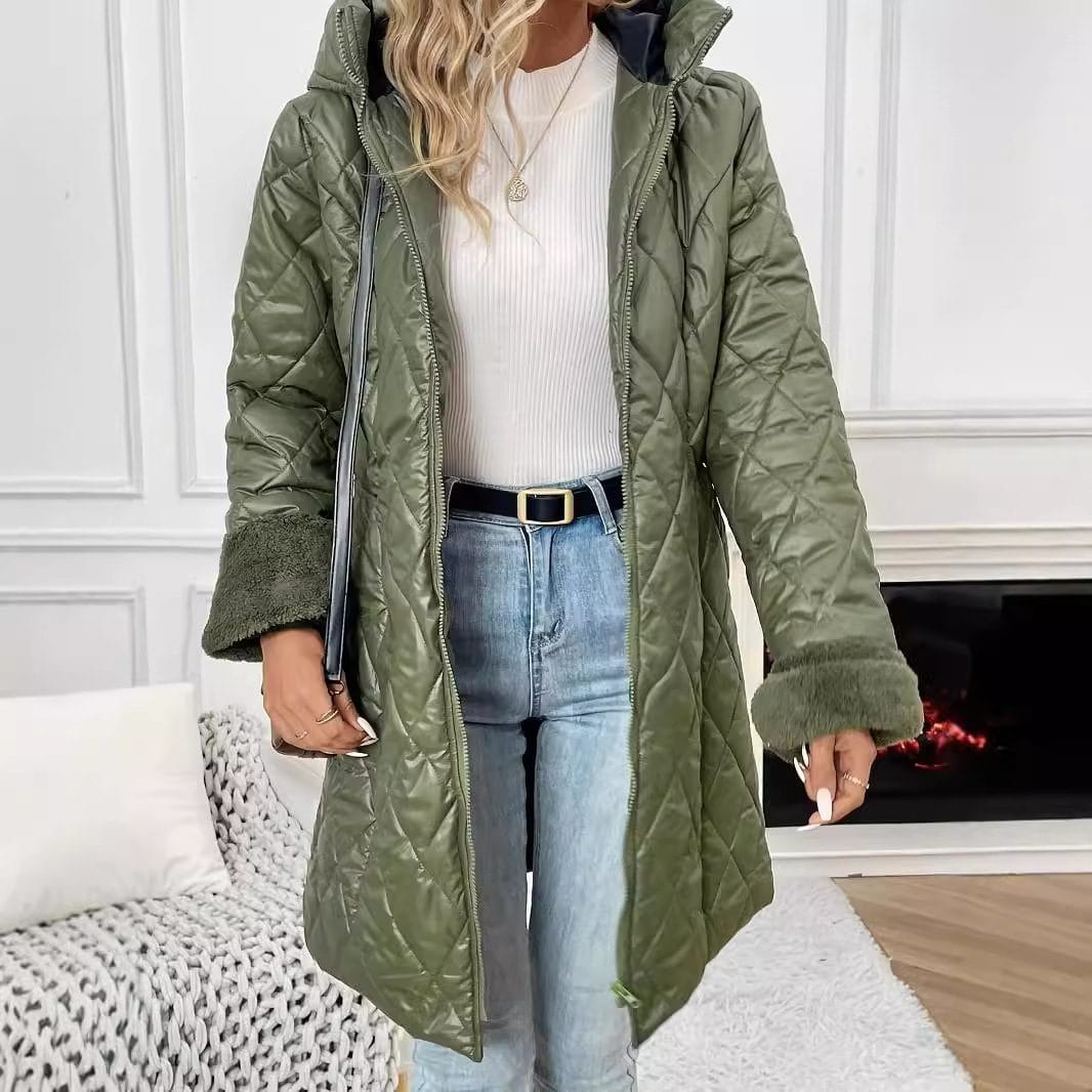 Women's Olive Green Hooded Puffer Jacket - Image 7