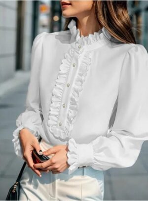 Women’s Stand-Up Collar Long-Sleeve Blouse with Lotus Leaf Hem