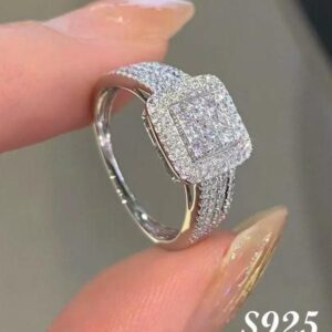 925 sterling silver luxury rhinestone square ring womens