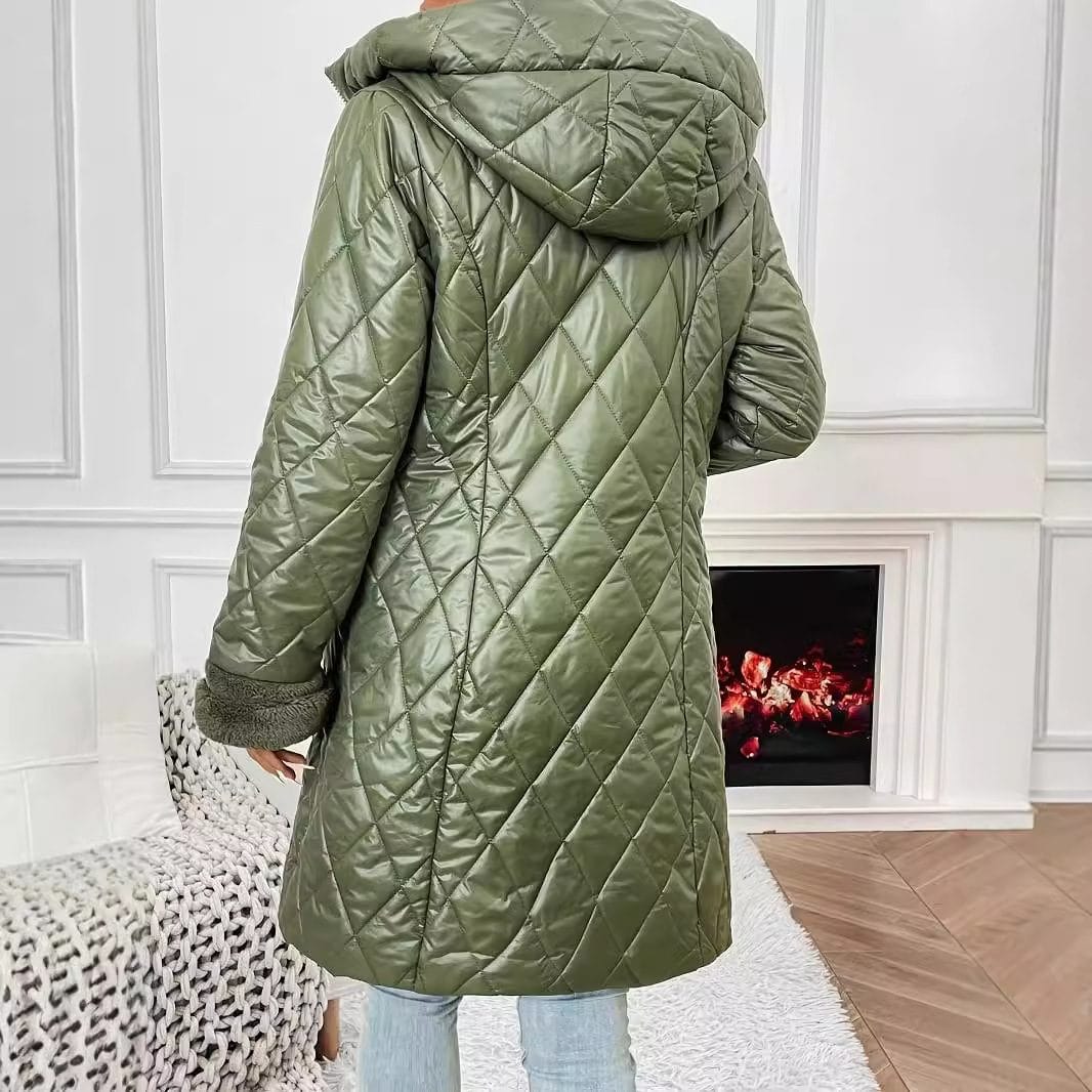 Women's Olive Green Hooded Puffer Jacket - Image 5