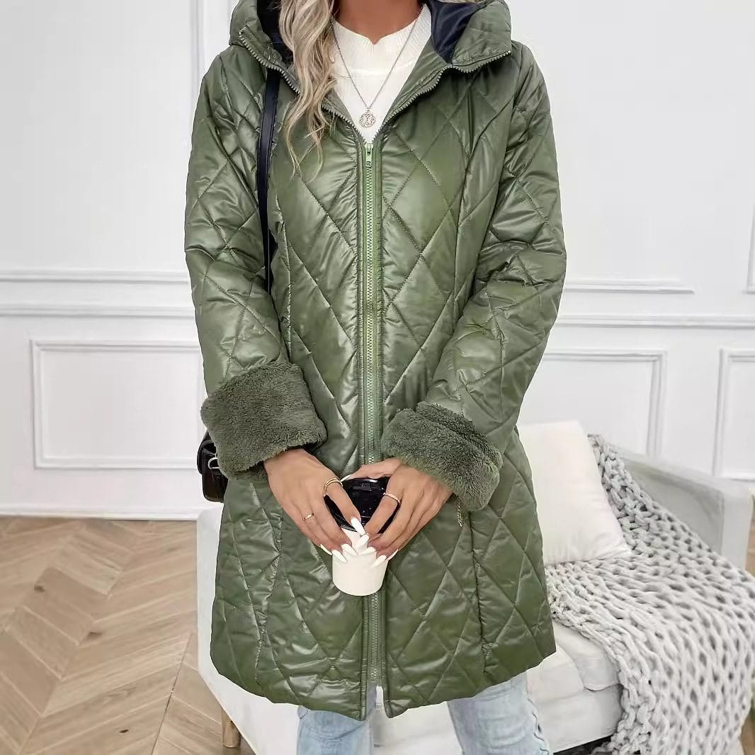 Women's Olive Green Hooded Puffer Jacket - Image 4