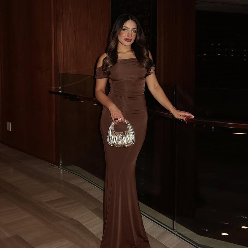 Maxi Women Brown Off Shoulder Evening Dress