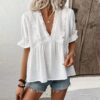 Short Sleeve Women White Ruffle V Neck Blouse