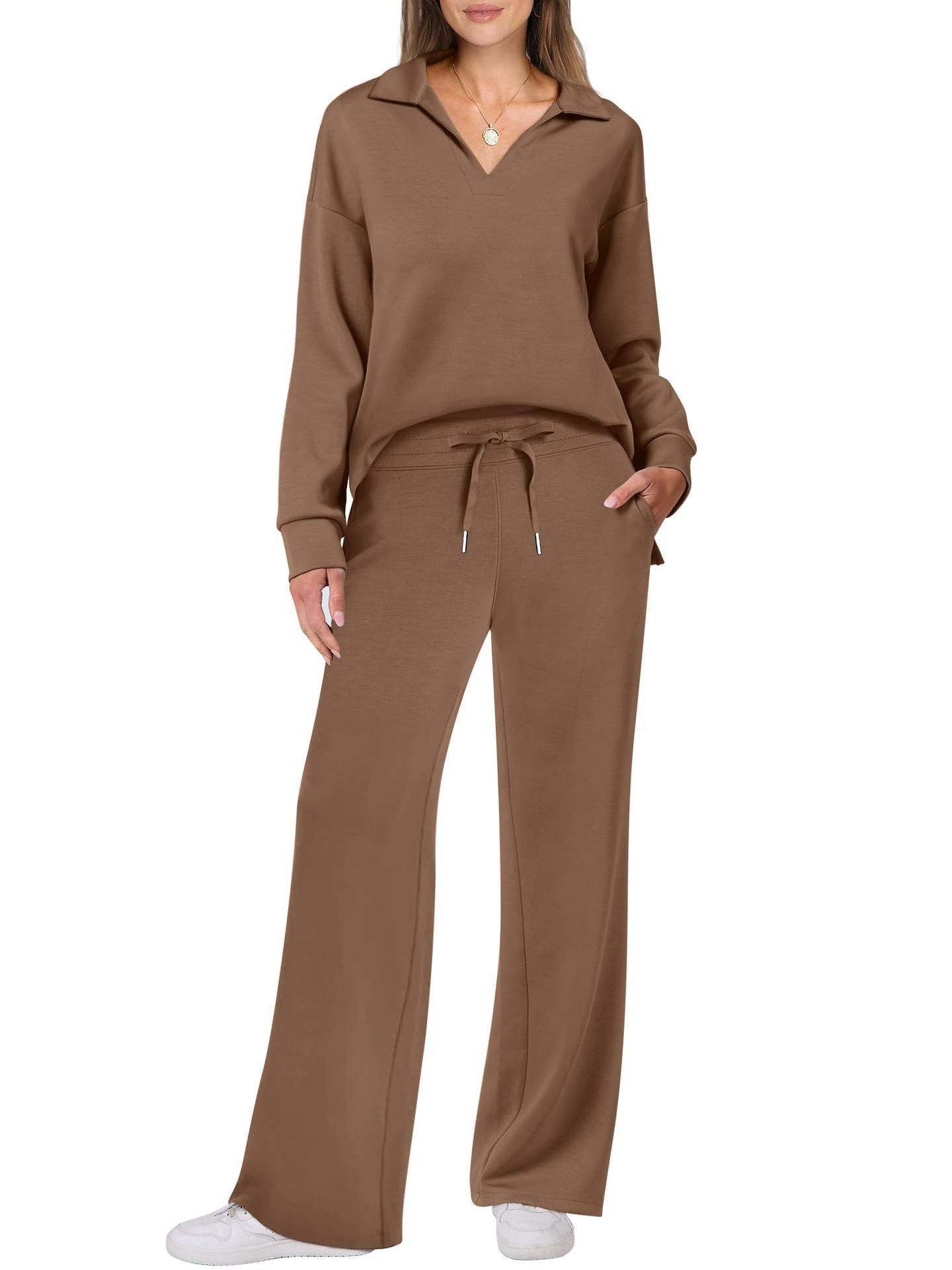 Women's Two-Piece Lounge Set – Long Sleeve Top & Wide Leg Pants | Casual Loungewear Tracksuit