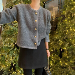 Women chic gray knit cardigan with gold buttons