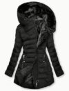 Women’s Faux Fur Hooded Puffer Coat – Asymmetrical Zip Winter Jacket