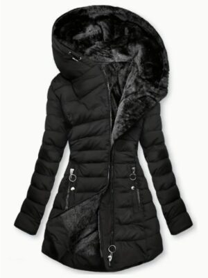 Women’s Faux Fur Hooded Puffer Coat – Asymmetrical Zip Winter Jacket