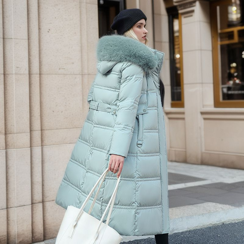 Women's Belted Quilted Winter Coat with Faux Fur Hood - Image 5