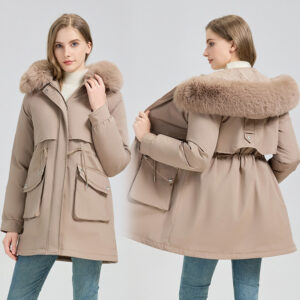 Best women's beige winter coat with faux fur hood warm parka jacket