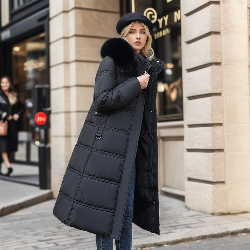 Women's Belted Quilted Winter Coat with Faux Fur Hood - Image 3
