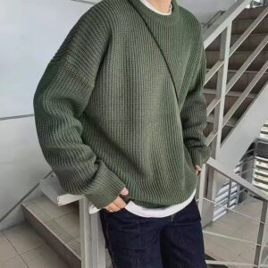 Men’s Oversized Ribbed Knit Sweater – Casual Drop Shoulder Crew Neck Pullover