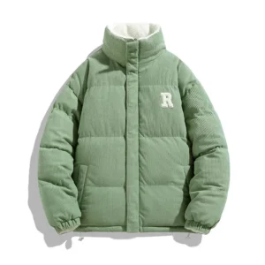 Corduroy Puffer Jacket – Oversized Loose Fit, Fleece-Lined Embroidered Winter Coat for Men & Women