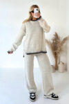 Women's Contrast Stitch Knit Set - Oversized Sweater & Wide Leg Pants