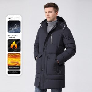 Men’s Waterproof Windproof Winter Jacket with Hood – Fleece-Lined Insulated Long Parka Coat