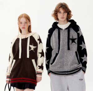Y2K Star Graphic Knitted Zip-Up Hoodie – Unisex Streetwear Sweater