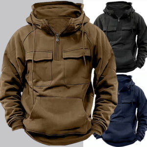 Men's Quarter-Zip Cargo Hoodie - Brown Utility Pullover