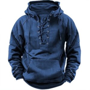Men’s Retro Lace-Up V-Neck Hoodie – Vintage Henley Style Tactical Sweatshirt