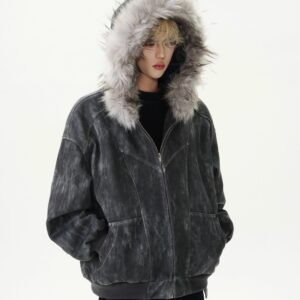 Men's Vintage Wash Suede-Touch Oversized Jacket with Plush Fur Hood