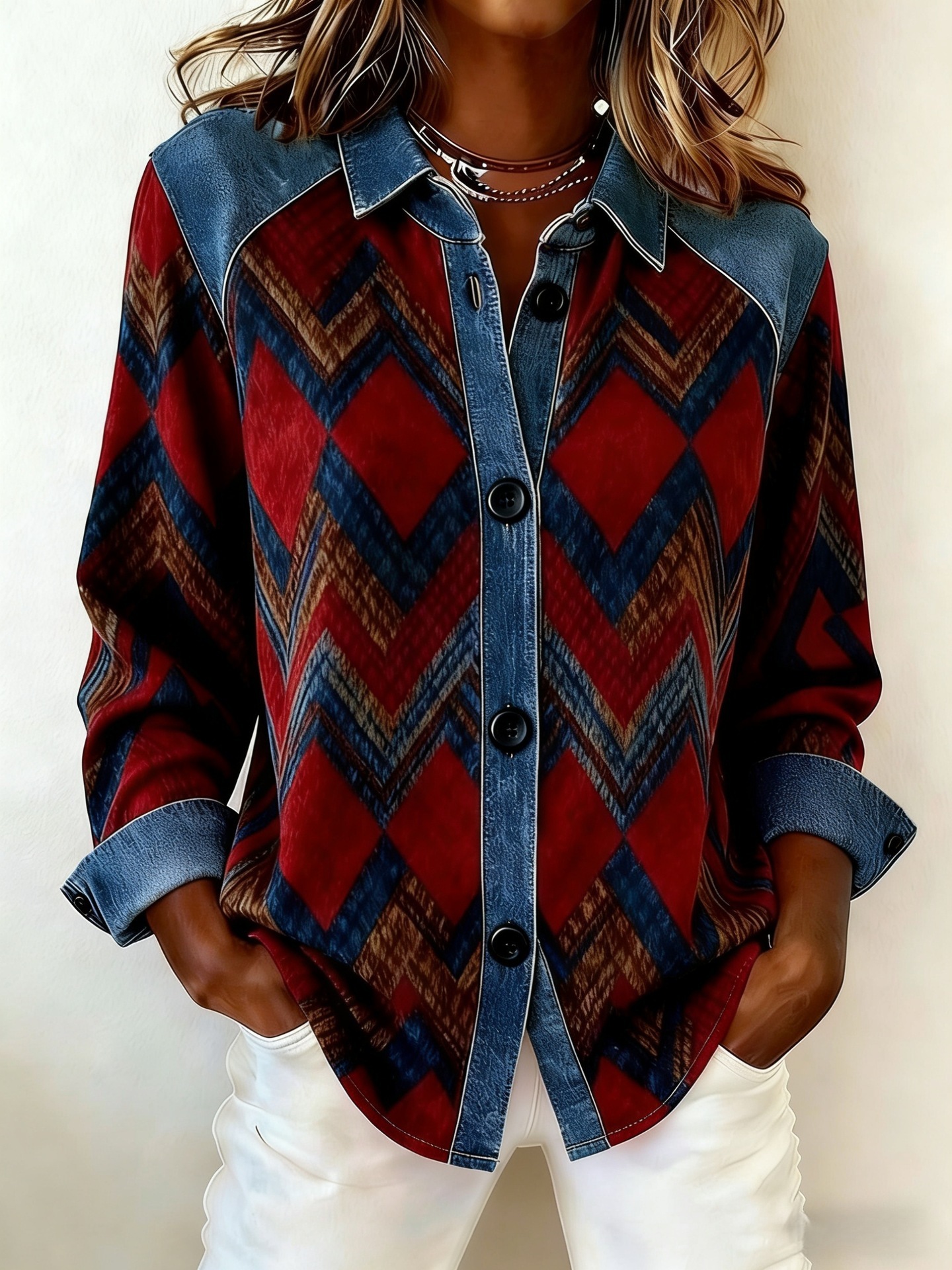 Women’s Denim Patchwork Hooded Shacket – Chic Plaid & Ribbed Cardigan - Image 4