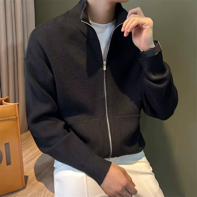Men’s Full-Zip Ribbed Cardigan Sweater - Slim Fit Mock Neck Knit Jacket - Image 2