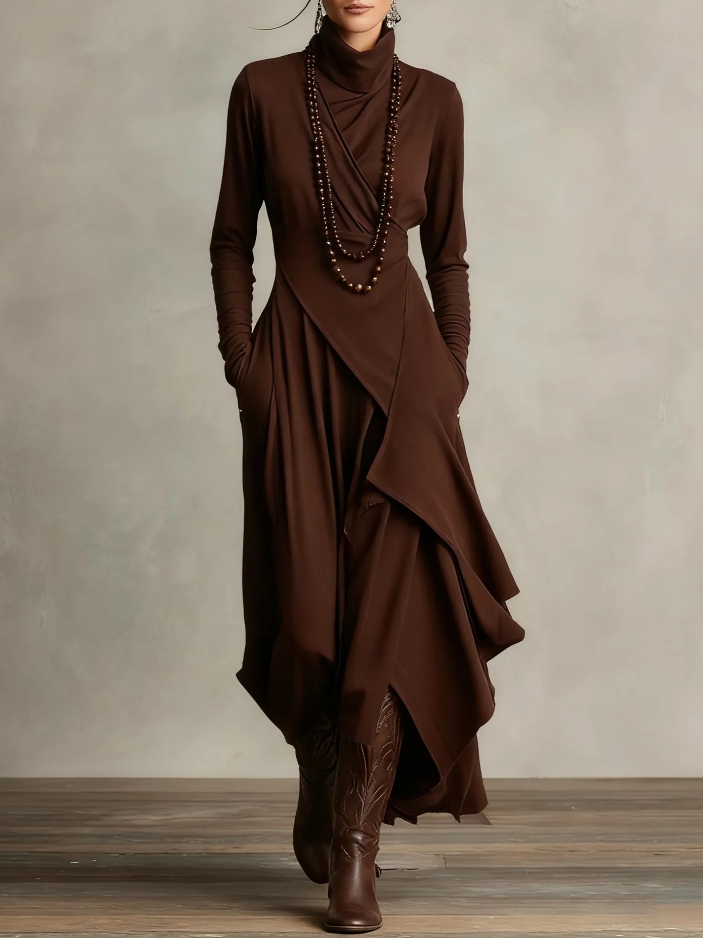 Women’s Long Sleeve Asymmetrical Mock Neck Maxi Dress with Pockets - Image 4