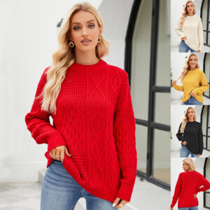 Women's Oversized Crewneck Pullover - Textured 3D Knit Long Sleeve Casual Sweater