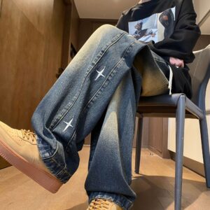 Men's Y2K Star Embroidered Baggy Jeans - Distressed Wide Leg Cotton Denim Trousers