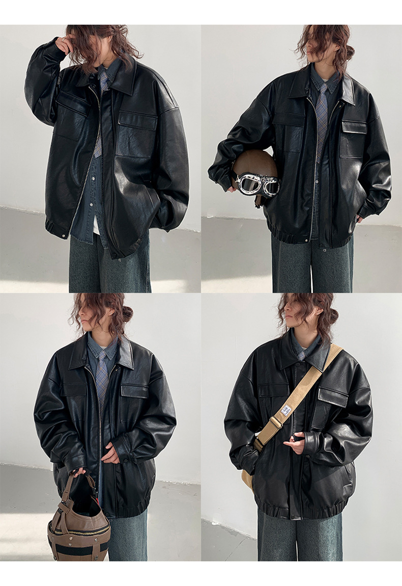 Oversized Vegan Leather Bomber Jacket - Vintage Loose Fit Utility Coat