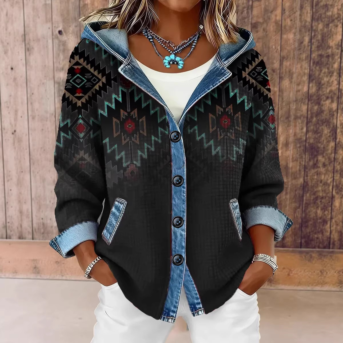 Women’s Denim Patchwork Hooded Shacket – Chic Plaid & Ribbed Cardigan - Image 2
