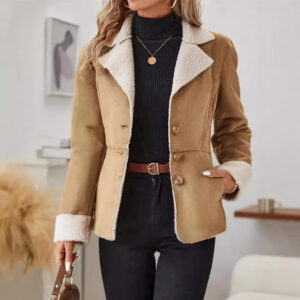 Chic Women’s Faux Suede Shearling Lined Jacket with Faux Fur Trim