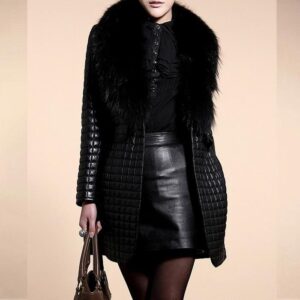 Black Quilted Leather Coat with Fur Collar