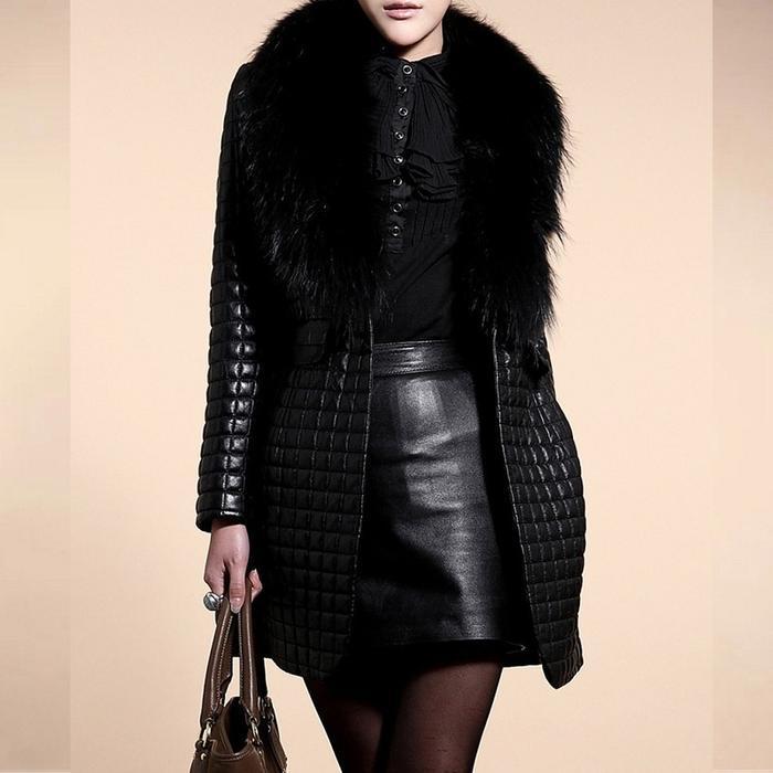 Black Quilted Leather Coat with Fur Collar