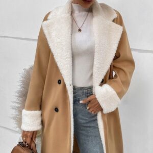 Luxe Khaki Faux Fur Collar Double-Breasted Winter Coat