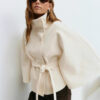 Women’s High-Neck Belted Cape Coat - Wool Blend Poncho Jacket